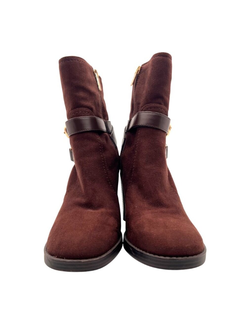 Tommy Hilfiger Brown Suede Ankle Boots Womens Size 8.5M Gold Buckles Block Heel - Picture 5 of 16
